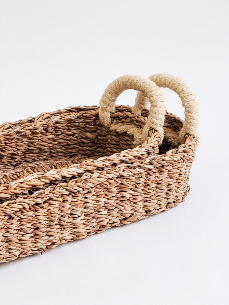 Seagrass & Jute Savar Bread Basket with White Handles