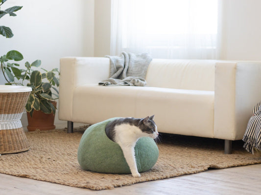 Premium Felted Wool Cat Cave Bed - Eucalyptus Green