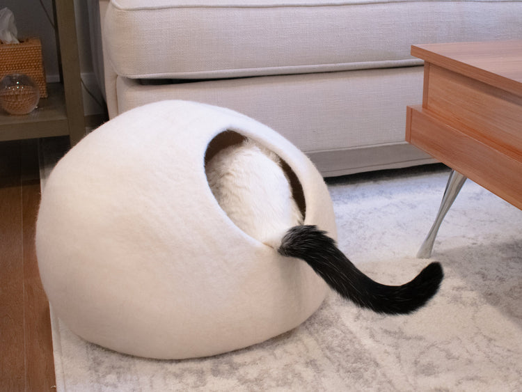 Premium Felted Wool Cat Cave Bed - Snow White