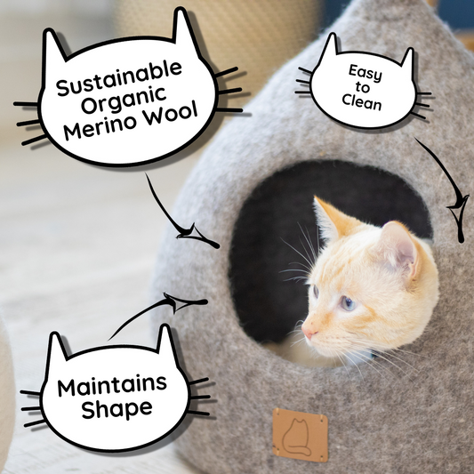 Deluxe Handcrafted Wool Felt Cat Cave With Tail - Earth Brown