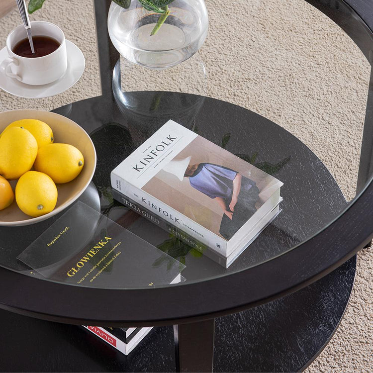 Modern Solid Wood Round Coffee Table With Tempered Glass Top