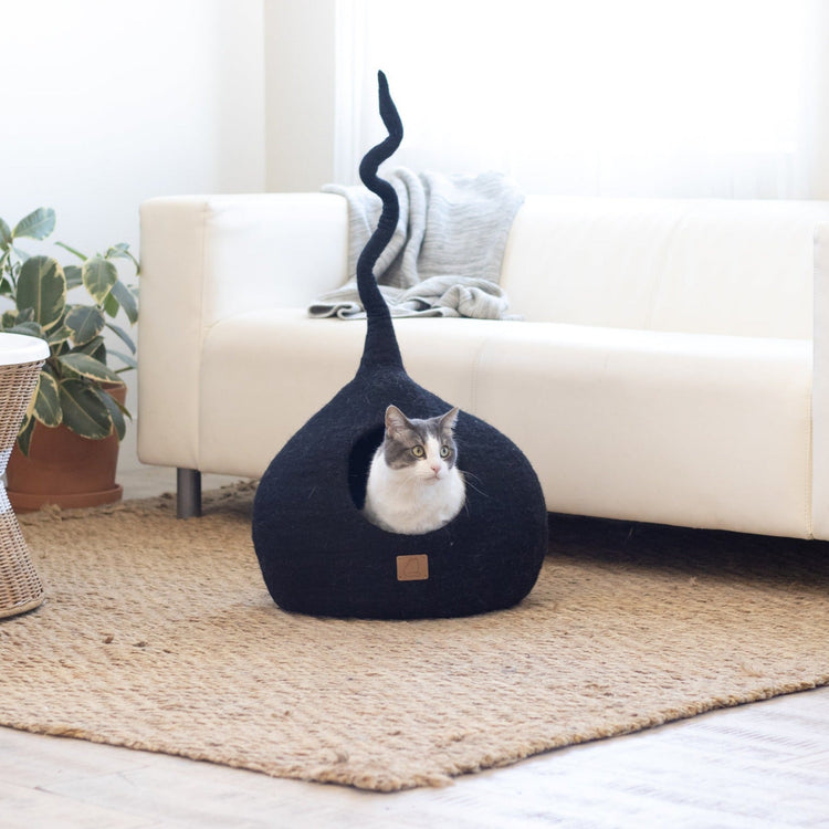 Deluxe Handcrafted Felt Cat Cave With Tail - Night Black
