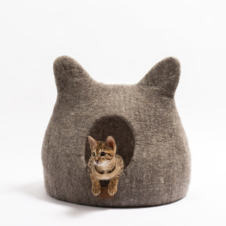 Whimsical Cat Ear Wool Cave Bed - Earth Brown