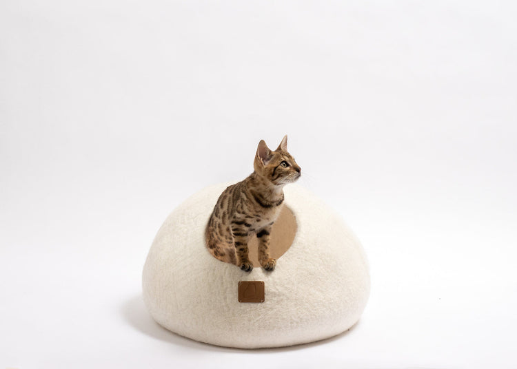 Premium Felted Wool Cat Cave Bed - Snow White