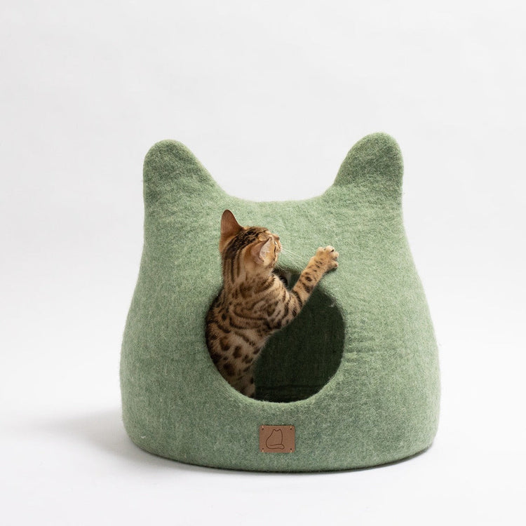 Whimsical Cat Ear Cave Bed - Felted Wool - Eucalyptus Green