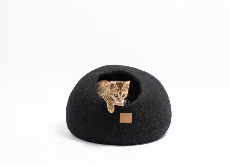 Premium Felted Wool Cat Cave Bed -  Night Black