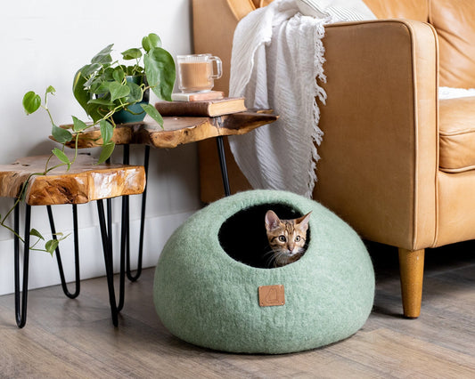 Premium Felted Wool Cat Cave Bed - Eucalyptus Green
