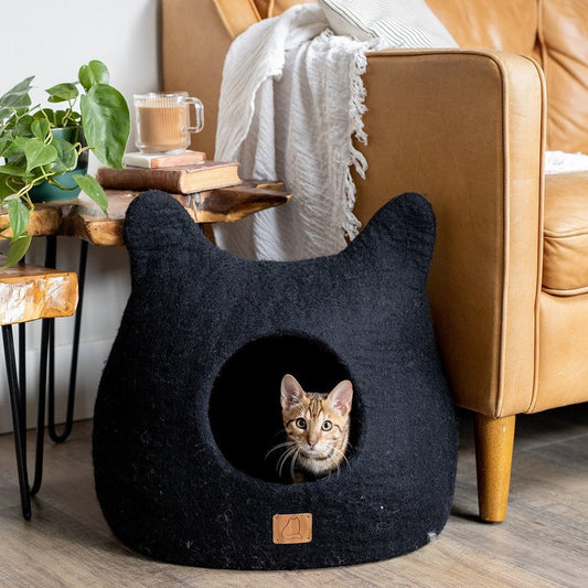 Whimsical Cat Ear Wool Cave Bed  - Night Black