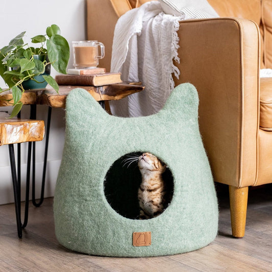 Whimsical Cat Ear Cave Bed - Felted Wool - Eucalyptus Green