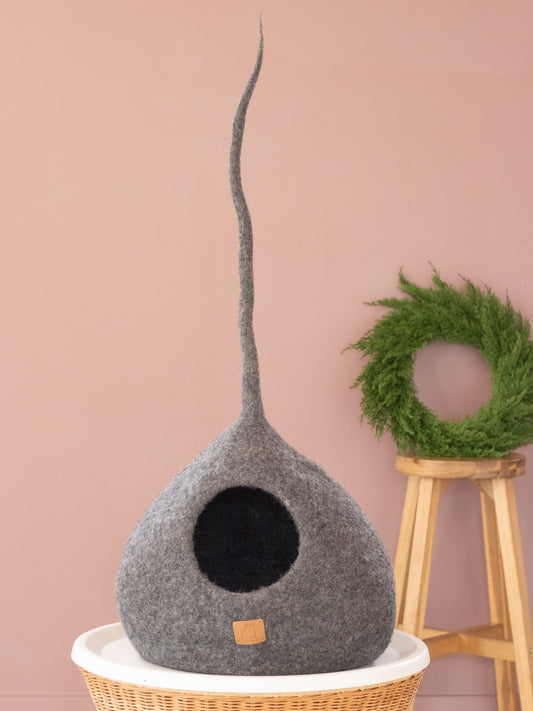 Deluxe Handcrafted Wool Felt Cat Cave With Tail - Stone Gray