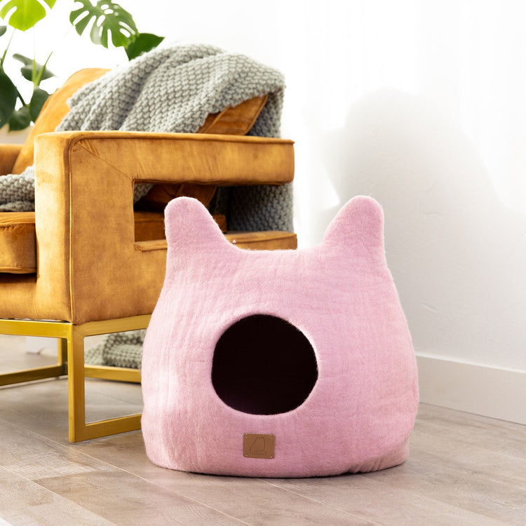 Whimsical Cat Ear Wool Cave Bed - Valentine Pink
