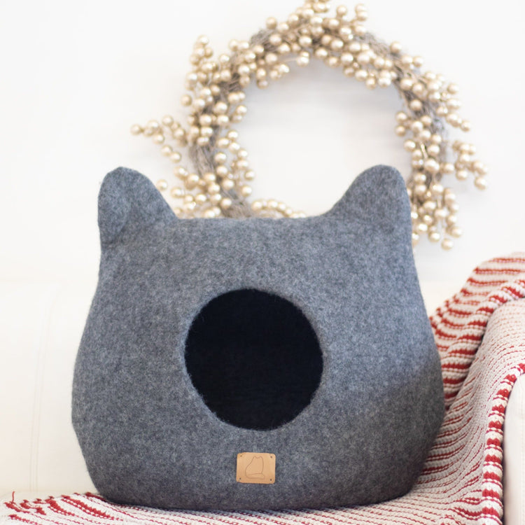 Whimsical Cat Ear Wool Cave Bed - Stone Gray by Fuzzy Cove