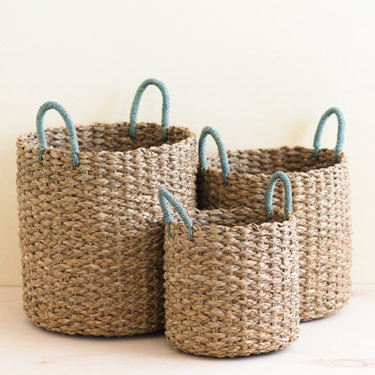 Seagrass Woven Baskets with Sky Blue Handle Set of 3 - Straw Baskets