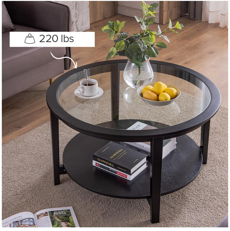 Modern Solid Wood Round Coffee Table With Tempered Glass Top